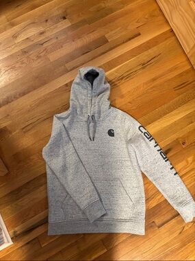 Carhartt women’s Light Gray Marled Pullover Hoodie with Sleeve Logo